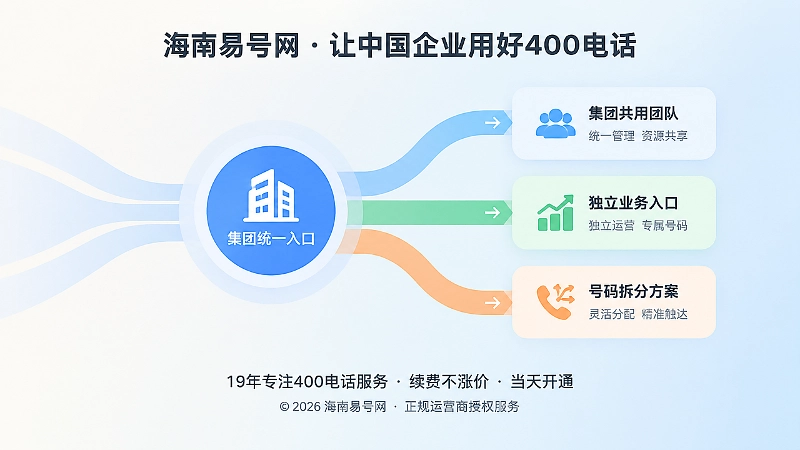 抽象场景式扁平插画，集团统一入口连接共用团队、独立业务入口和拆分方案，表现号码体系可控制可退出。