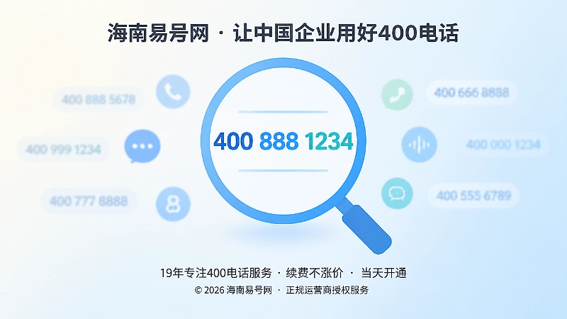放大镜聚焦400电话数字分组，周围有谐音和重复数字图标。
